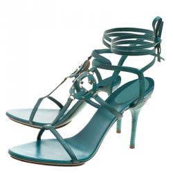 Pre Owned صندل غوتشي لفة كاحل GGمرصع جلد أخضر مقاس  39