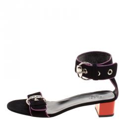Pre Owned Gucci Black Suede Horsebit Buckle Ankle Strap Block Heel Sandals Size 39