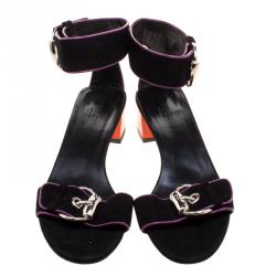 Pre Owned Gucci Black Suede Horsebit Buckle Ankle Strap Block Heel Sandals Size 39