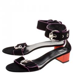 Pre Owned Gucci Black Suede Horsebit Buckle Ankle Strap Block Heel Sandals Size 39