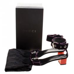 Pre Owned Gucci Black Suede Horsebit Buckle Ankle Strap Block Heel Sandals Size 39