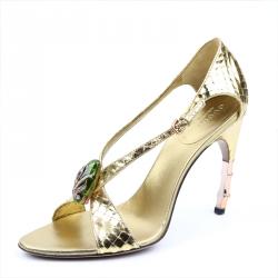 مملوكة مسبقًا Gucci Metallic Gold Python Jeweled Bamboo Heel Sandals