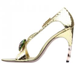مملوكة مسبقًا Gucci Metallic Gold Python Jeweled Bamboo Heel Sandals