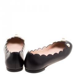 مملوكة مسبقًا حذاء باليرينا فلات غوتشي جلد أسود بلؤلؤ مزين مقاس 39