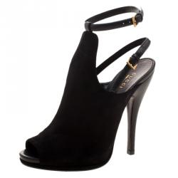 Pre Owned Gucci Black Suede Jane Peep Toe Ankle Strap Booties Size 38