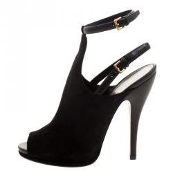 Pre Owned Gucci Black Suede Jane Peep Toe Ankle Strap Booties Size 38