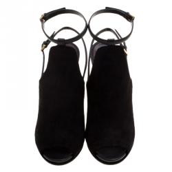 Pre Owned Gucci Black Suede Jane Peep Toe Ankle Strap Booties Size 38