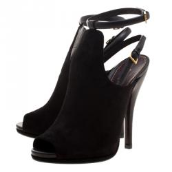 Pre Owned Gucci Black Suede Jane Peep Toe Ankle Strap Booties Size 38