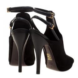 Pre Owned Gucci Black Suede Jane Peep Toe Ankle Strap Booties Size 38