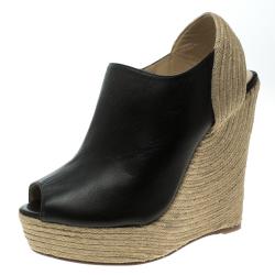 Pre Owned Gucci Black Leather Peep Toe Espadrille Wedge Sandals Size 38.5