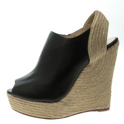 Pre Owned Gucci Black Leather Peep Toe Espadrille Wedge Sandals Size 38.5