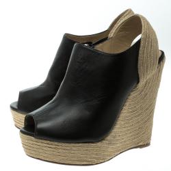 Pre Owned Gucci Black Leather Peep Toe Espadrille Wedge Sandals Size 38.5