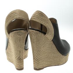 Pre Owned Gucci Black Leather Peep Toe Espadrille Wedge Sandals Size 38.5