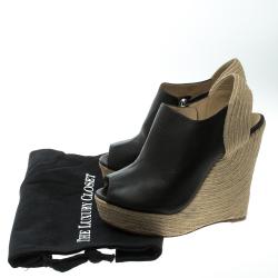 Pre Owned Gucci Black Leather Peep Toe Espadrille Wedge Sandals Size 38.5