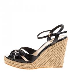 Pre Owned Gucci Black Patent Microguccissima Leather Penelope Espadrille Wedge Sandals Size 38