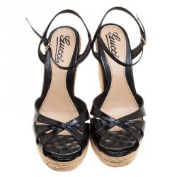 Pre Owned Gucci Black Patent Microguccissima Leather Penelope Espadrille Wedge Sandals Size 38