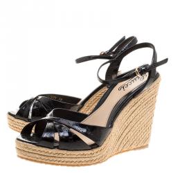 Pre Owned Gucci Black Patent Microguccissima Leather Penelope Espadrille Wedge Sandals Size 38