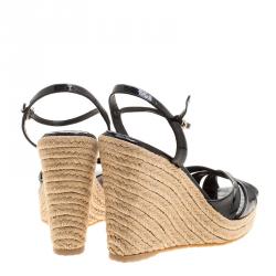 Pre Owned Gucci Black Patent Microguccissima Leather Penelope Espadrille Wedge Sandals Size 38