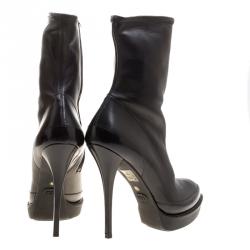 Pre Owned Gucci Black Leather Wimbledon Platform Ankle Boots Size 40.5