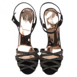 Pre Owned Gucci Black Suede Fleur Studded Sandals Size 40
