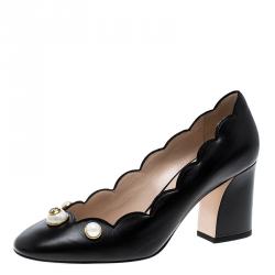 Pre Owned Gucci Black Scalloped Leather Willow Pearl Embellished Block Heel Pumps Size 37