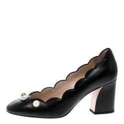 Pre Owned Gucci Black Scalloped Leather Willow Pearl Embellished Block Heel Pumps Size 37