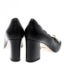 Pre Owned Gucci Black Scalloped Leather Willow Pearl Embellished Block Heel Pumps Size 37