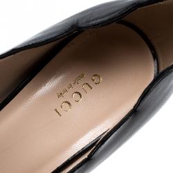 Pre Owned Gucci Black Scalloped Leather Willow Pearl Embellished Block Heel Pumps Size 37
