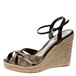 Pre Owned Gucci Beige Guccissima Fabric and Leather Penelope Espadrille Wedges Size 39.5