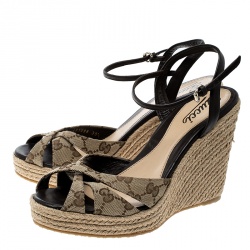 Pre Owned Gucci Beige Guccissima Fabric and Leather Penelope Espadrille Wedges Size 39.5