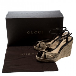 Pre Owned Gucci Beige Guccissima Fabric and Leather Penelope Espadrille Wedges Size 39.5