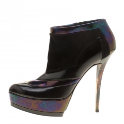 Pre Owned Gucci Black Holographic Leather And Suede Platform Ankle Boots Size 39.5
