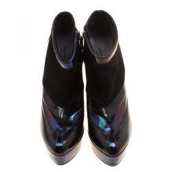 Pre Owned Gucci Black Holographic Leather And Suede Platform Ankle Boots Size 39.5