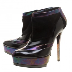 Pre Owned Gucci Black Holographic Leather And Suede Platform Ankle Boots Size 39.5