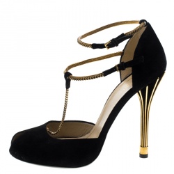 Pre Owned Gucci Black Suede Ophelie Chain Detail Ankle Strap Pumps Size 38.5