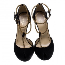 Pre Owned Gucci Black Suede Ophelie Chain Detail Ankle Strap Pumps Size 38.5
