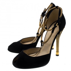 Pre Owned Gucci Black Suede Ophelie Chain Detail Ankle Strap Pumps Size 38.5