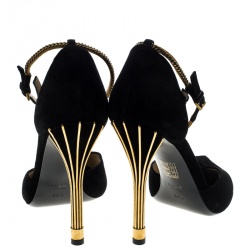 Pre Owned Gucci Black Suede Ophelie Chain Detail Ankle Strap Pumps Size 38.5