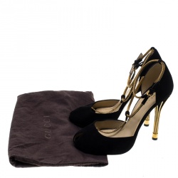 Pre Owned Gucci Black Suede Ophelie Chain Detail Ankle Strap Pumps Size 38.5