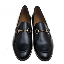 Pre Owned Gucci Black Leather Betis Glamour Horsebit Loafers Size 37.5