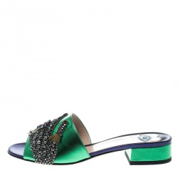 Pre Owned Gucci Green Metallic Leather Wangy Embellished Hand Mules Slides Sandals Size 37