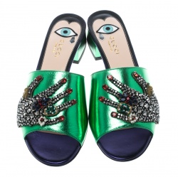 Pre Owned Gucci Green Metallic Leather Wangy Embellished Hand Mules Slides Sandals Size 37