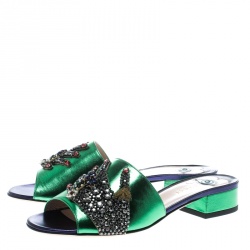 Pre Owned Gucci Green Metallic Leather Wangy Embellished Hand Mules Slides Sandals Size 37