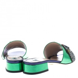 Pre Owned Gucci Green Metallic Leather Wangy Embellished Hand Mules Slides Sandals Size 37