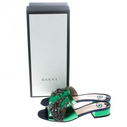 Pre Owned Gucci Green Metallic Leather Wangy Embellished Hand Mules Slides Sandals Size 37