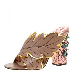 Pre Owned Gucci Beige Leather Leaves Crossover Embellished Heel Peep Toe Mules Size 40