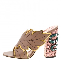 Pre Owned Gucci Beige Leather Leaves Crossover Embellished Heel Peep Toe Mules Size 40