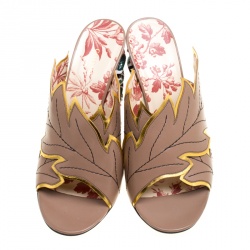 Pre Owned Gucci Beige Leather Leaves Crossover Embellished Heel Peep Toe Mules Size 40