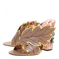 Pre Owned Gucci Beige Leather Leaves Crossover Embellished Heel Peep Toe Mules Size 40
