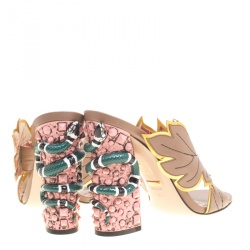 Pre Owned Gucci Beige Leather Leaves Crossover Embellished Heel Peep Toe Mules Size 40